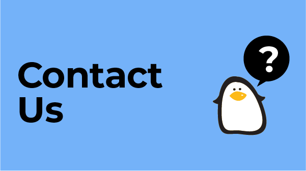 Blue background with a penguin and words contact us