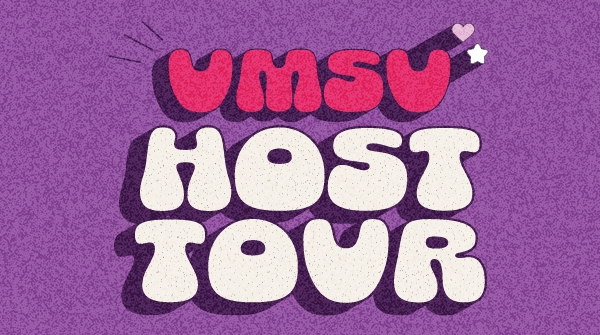 A grainy, purple background with the words "UMSU" in large, pink text and "Host Program" in large, white font underneath. A star and love heart are shooting out of the top right-hand corner of the wor